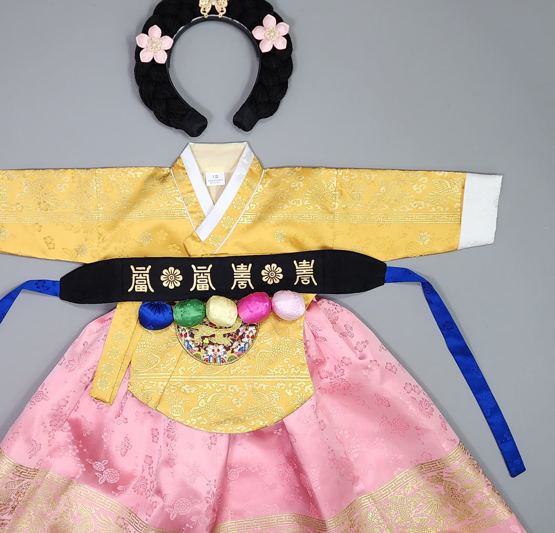 Hanbok Girl Baby Korea Traditional Clothing Set First Birthday Celebration Party Celebration 1–10 Years Gold Pink Skirt Gold Print HG125