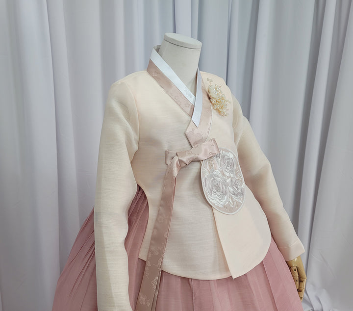 Korean Traditional Fancy Woman Personal Custom Hanbok Wedding Party Ceremony Mom Daughter Couple Look Beige Dark Pink Hanbok OSF135