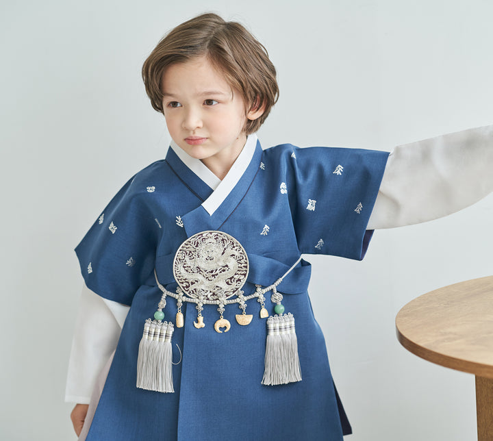 Korean Traditional Boy Baby Hanbok Dol Baikil Party Celebration 100th-10 Ages Navy Silver Print OSB101