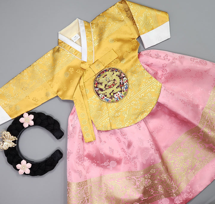 Hanbok Girl Baby Korea Traditional Clothing Set First Birthday Celebration Party Celebration 1–10 Years Gold Pink Skirt Gold Print HG125