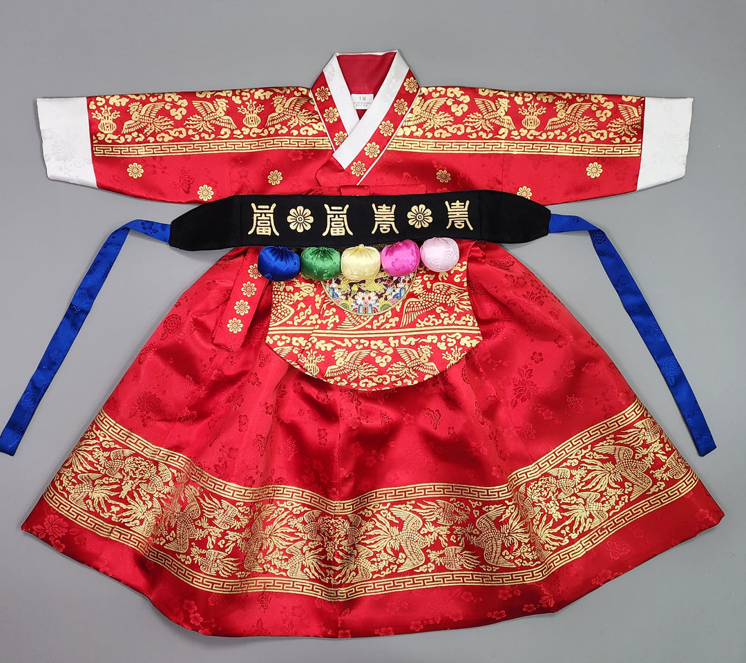 Hanbok Girl Baby Korea Traditional Clothing Set First Birthday Celebration Party Celebration 1–10 Years Red Skirt Gold Print HG130
