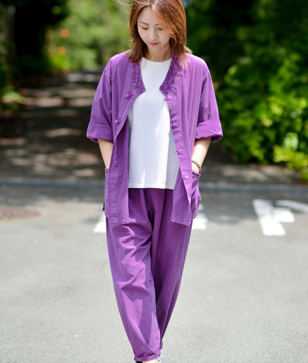 Korean Hanbok Washed Cotton Common Use Man Woman Casual Daily Clothing 3/4 Sleeve BTS 10097 Purple