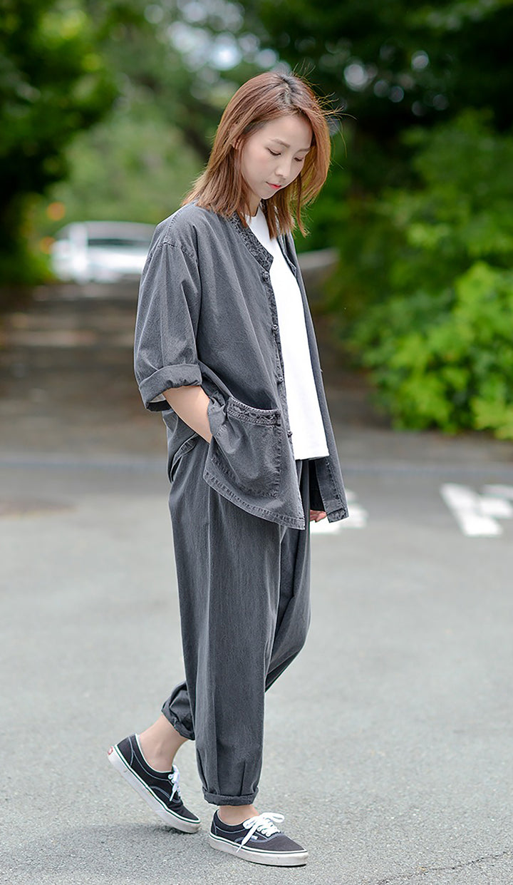 Korean Hanbok Washed Cotton Common Use Man Woman Casual Daily Clothing 3/4 Sleeve BTS 10097 Charcoal