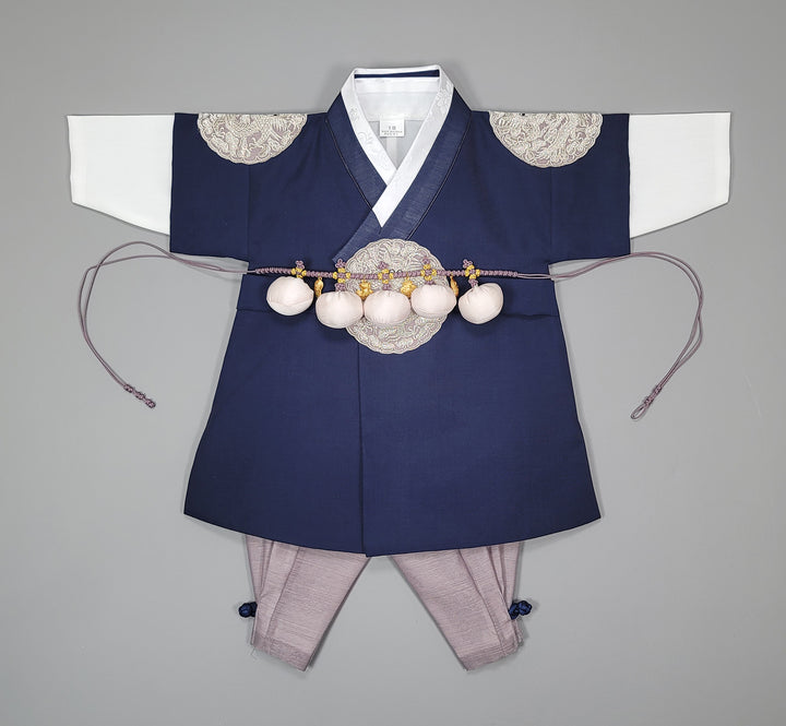 Korean Traditioanl Boy Baby Hanbok Dol Baikil Party Celebration 100th-8 Ages Navy Kings Design