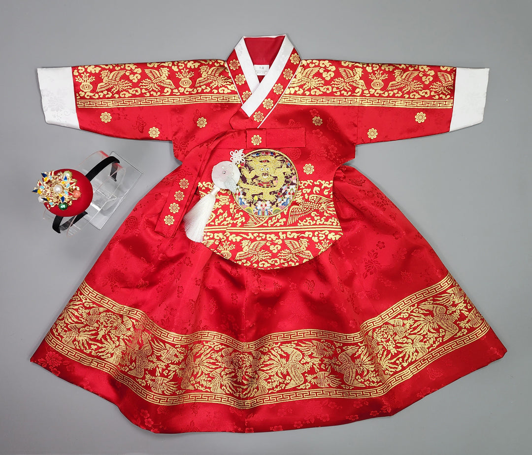 Hanbok Girl Baby Korea Traditional Clothing Set First Birthday Celebration Party Celebration 1–10 Years Red Skirt Gold Print HG130