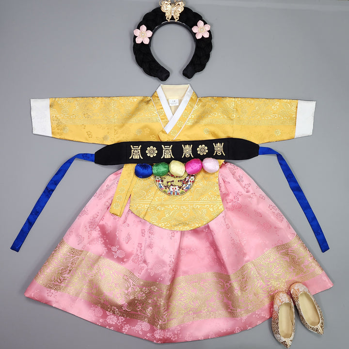 Hanbok Girl Baby Korea Traditional Clothing Set First Birthday Celebration Party Celebration 1–10 Years Gold Pink Skirt Gold Print HG125