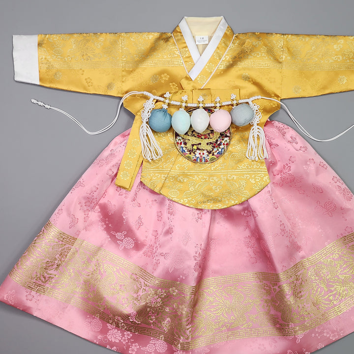Hanbok Girl Baby Korea Traditional Clothing Set First Birthday Celebration Party Celebration 1–10 Years Gold Pink Skirt Gold Print HG125