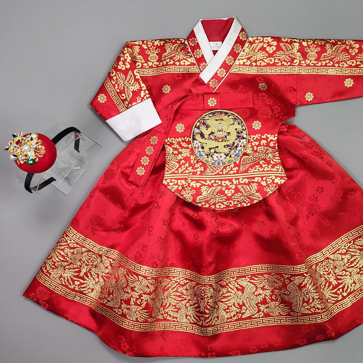 Hanbok Girl Baby Korea Traditional Clothing Set First Birthday Celebration Party Celebration 1–10 Years Red Skirt Gold Print HG130
