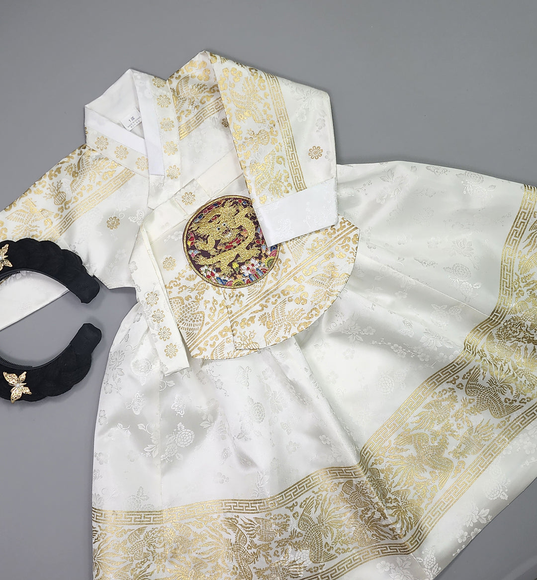 Hanbok Girl Baby Korea Traditional Clothing Set First Birthday Celebration Party Celebration 1–10 Years White Skirt Gold Print HG136