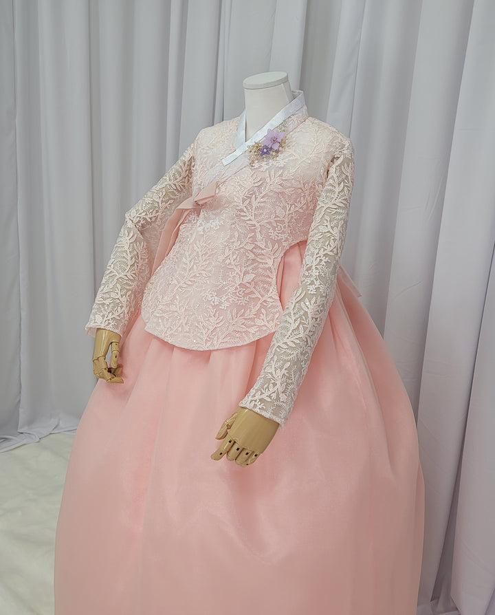 Korean Traditional Fancy Woman Personal Custom Hanbok Wedding Party Ceremony Mom Daughter Couple Look Pink Peach Lace Hanbok OSF136