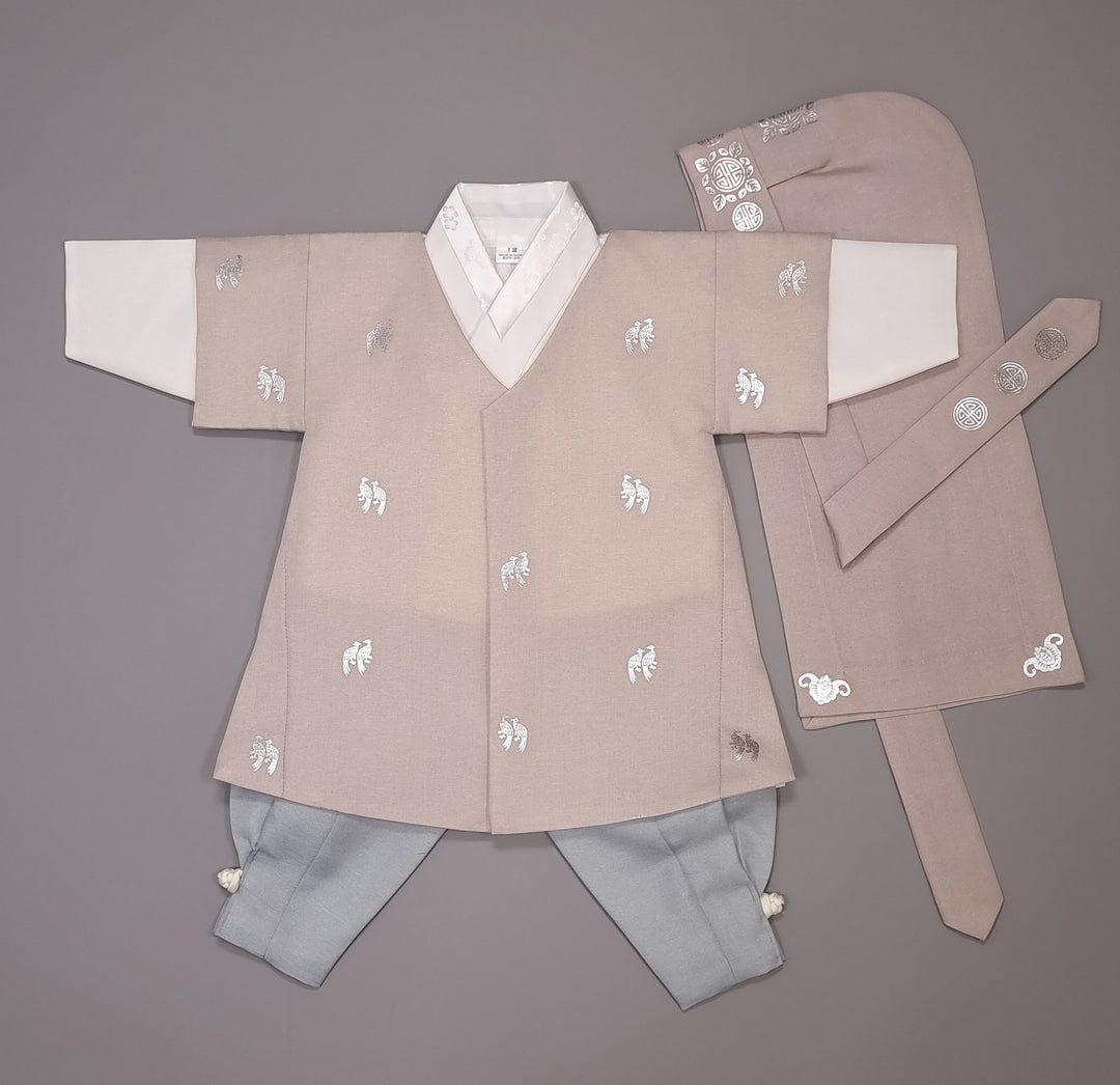 Korean Traditional Boy Baby Hanbok Dol Baikil Party Celebration 100th-10 Ages Beige Bird Silver Print HGB113