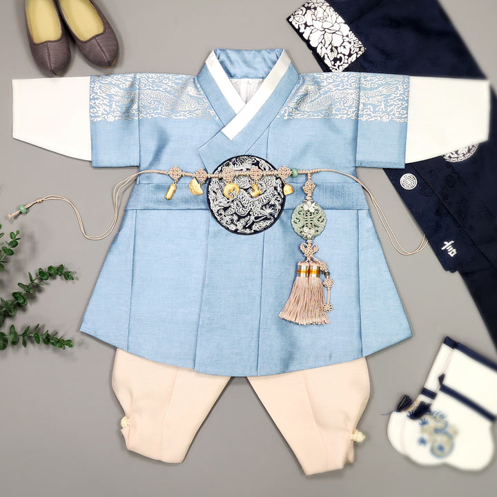 Korean Traditional Boy Baby Hanbok Dol Baikil Party Celebration 100th-10 Ages Blue Silver Print GHB305
