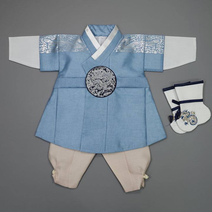 Korean Traditional Boy Baby Hanbok Dol Baikil Party Celebration 100th-10 Ages Blue Silver Print GHB305