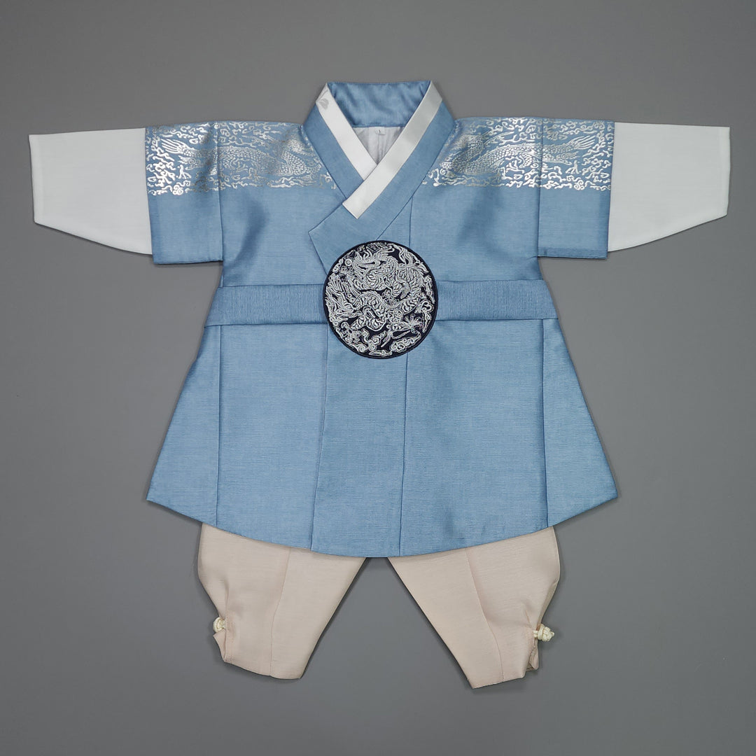 Korean Traditional Boy Baby Hanbok Dol Baikil Party Celebration 100th-10 Ages Blue Silver Print GHB305