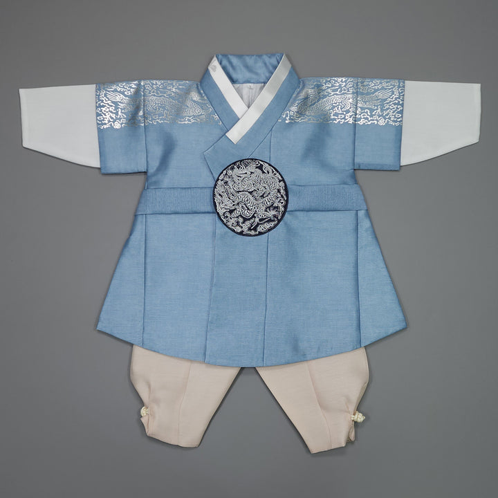 Korean Traditional Boy Baby Hanbok Dol Baikil Party Celebration 100th-10 Ages Blue Silver Print GHB305