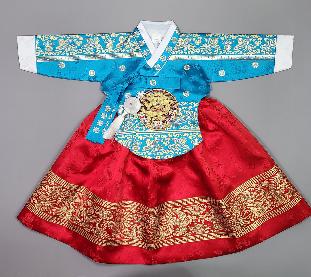 Hanbok Girl Baby Korea Traditional Clothing Set First Birthday Celebration Party Celebration 1–10 Years Blue Red Skirt Gold Print HG131