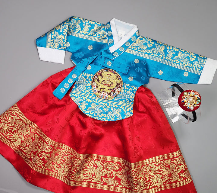 Hanbok Girl Baby Korea Traditional Clothing Set First Birthday Celebration Party Celebration 1–10 Years Blue Red Skirt Gold Print HG131
