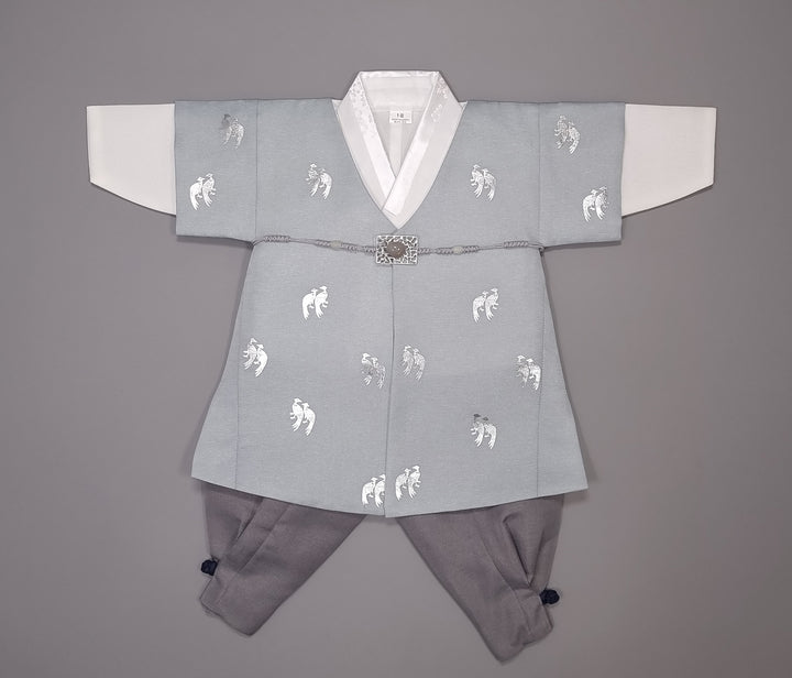 Korean Traditional Boy Baby Hanbok Dol Baikil Party Celebration 100th-10 Ages Blue Bird Silver Print HGB115