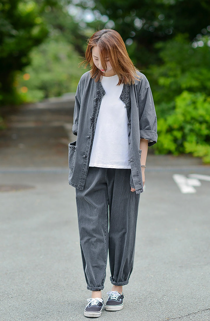 Korean Hanbok Washed Cotton Common Use Man Woman Casual Daily Clothing 3/4 Sleeve BTS 10097 Charcoal