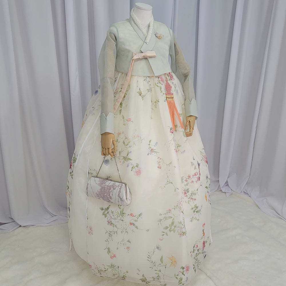 Woman Hanbok Dress Korea Traditional clothes Set Wedding Ceremony Birthday Custom-Made Mint See-through OSW902