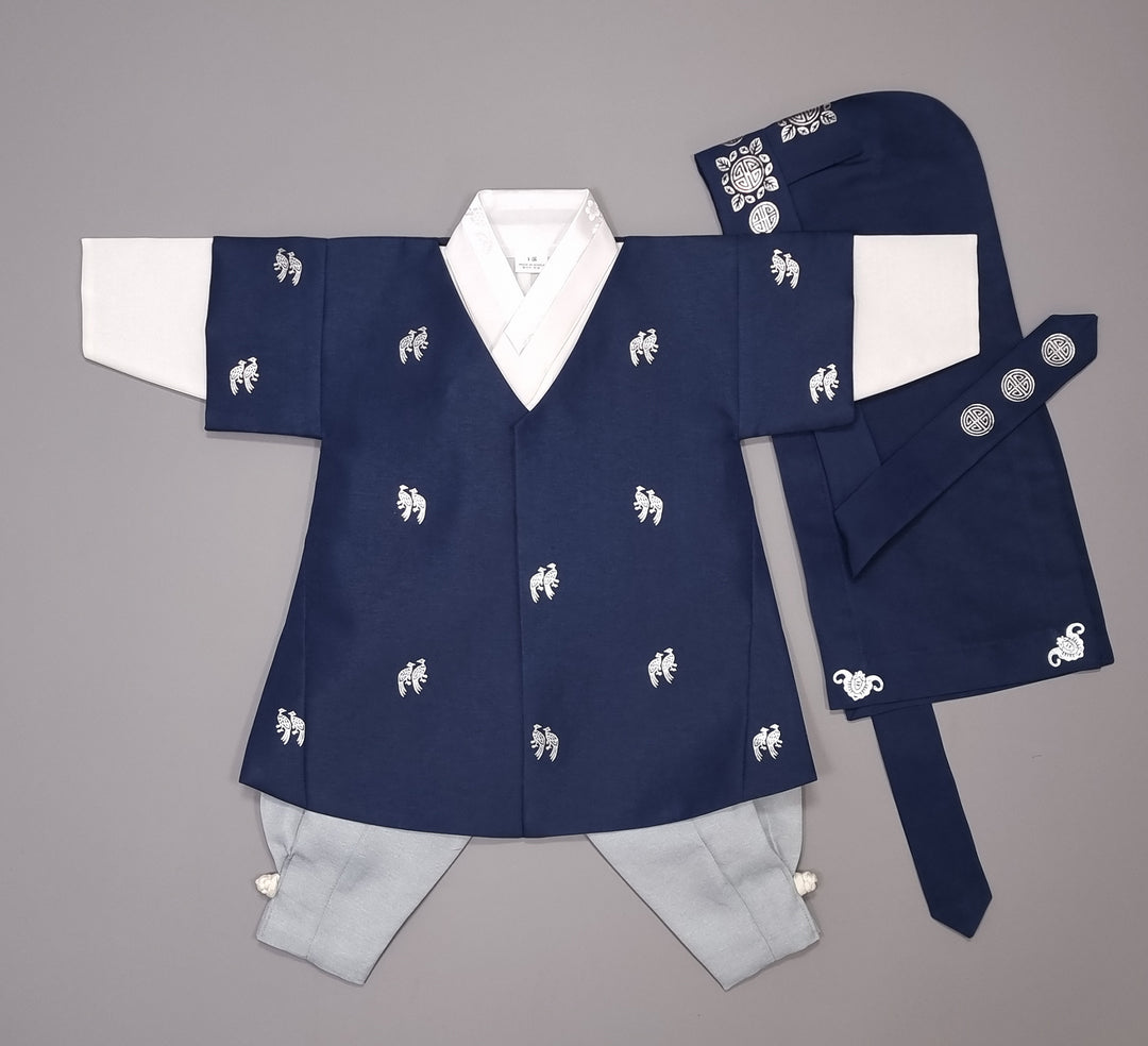Korean Traditional Boy Baby Hanbok Dol Baikil Party Celebration 100th-10 Ages ㅠBird Silver Print HGB112
