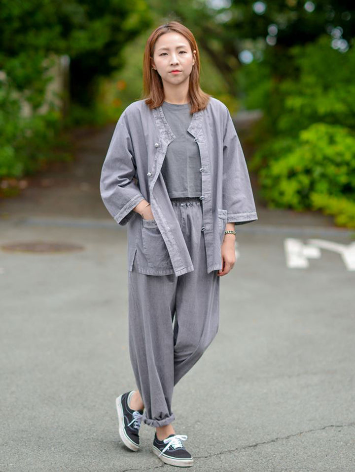 Korean Hanbok Washed Cotton Common Use Man Woman Casual Daily Clothing 3/4 Sleeve BTS 10097 Gray