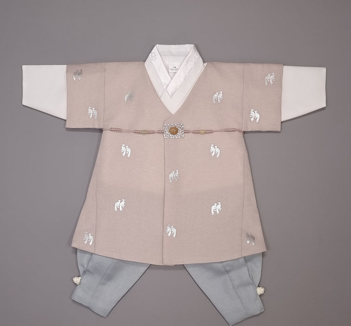 Korean Traditional Boy Baby Hanbok Dol Baikil Party Celebration 100th-10 Ages Beige Bird Silver Print HGB113