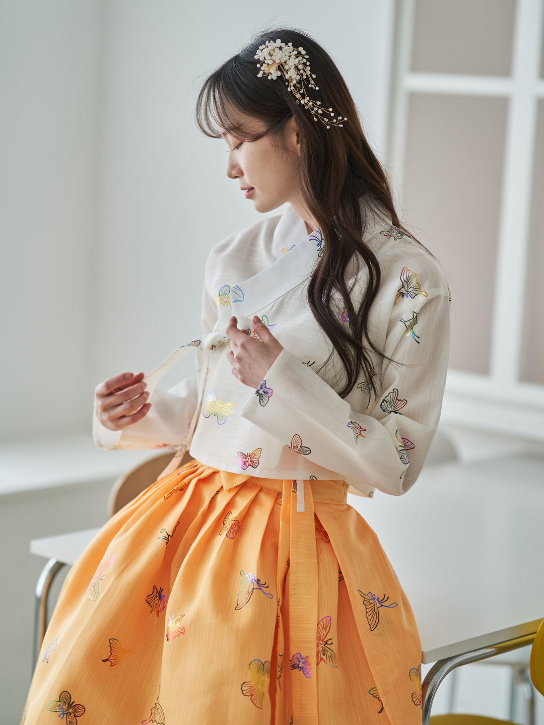 Korean Modern Daily Hanbok Casual Modernized Party Celebration Top Jeogori Butterfly Print SSN105