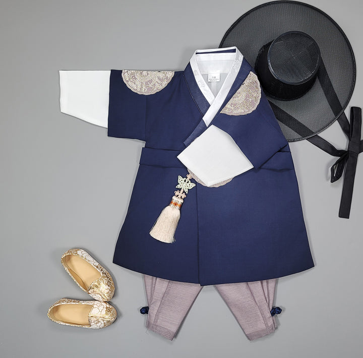 Korean Traditioanl Boy Baby Hanbok Dol Baikil Party Celebration 100th-8 Ages Navy Kings Design