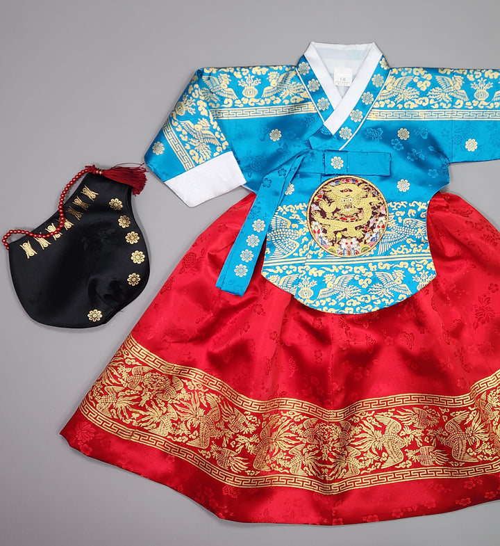 Hanbok Girl Baby Korea Traditional Clothing Set First Birthday Celebration Party Celebration 1–10 Years Blue Red Skirt Gold Print HG131