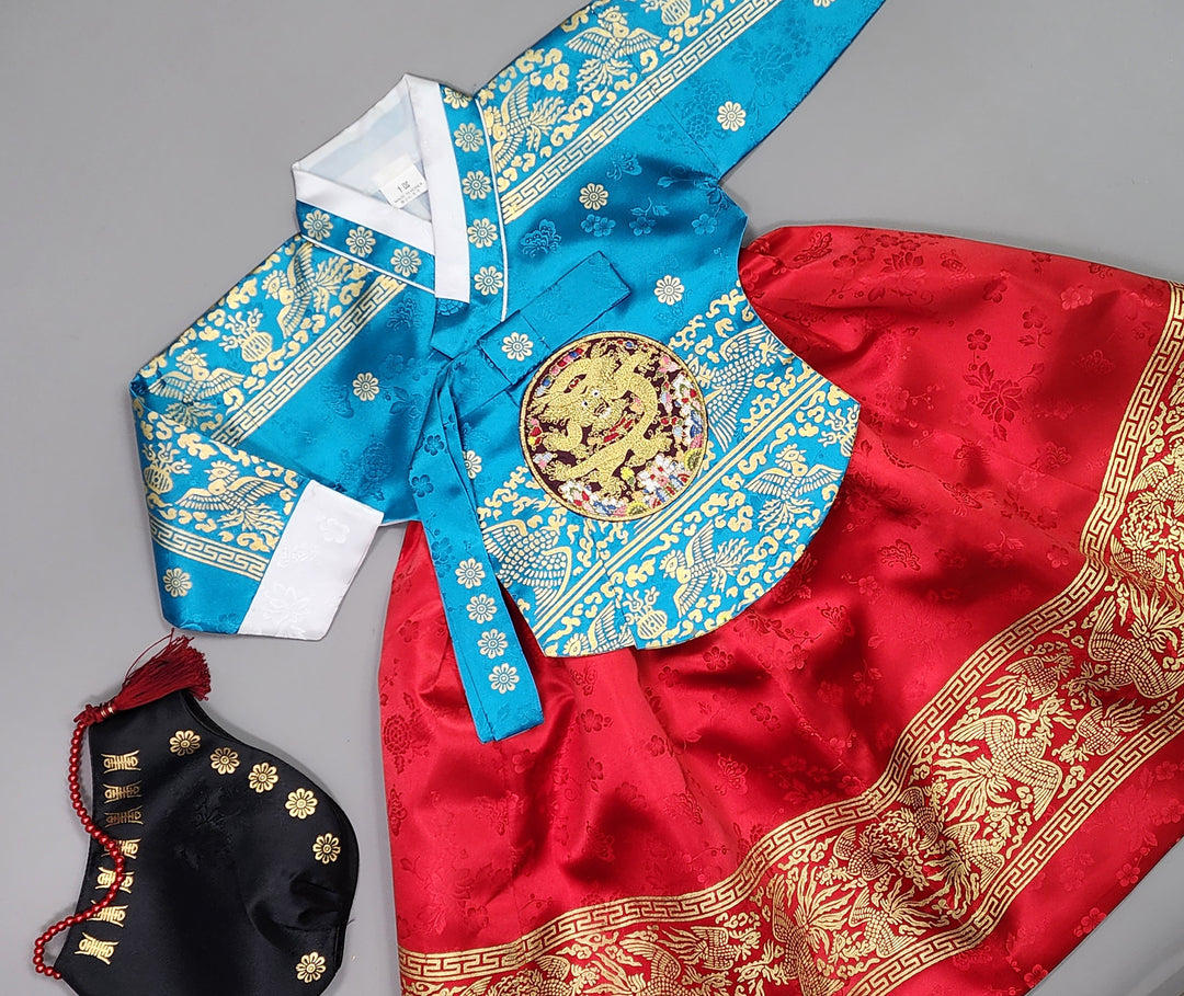 Hanbok Girl Baby Korea Traditional Clothing Set First Birthday Celebration Party Celebration 1–10 Years Blue Red Skirt Gold Print HG131