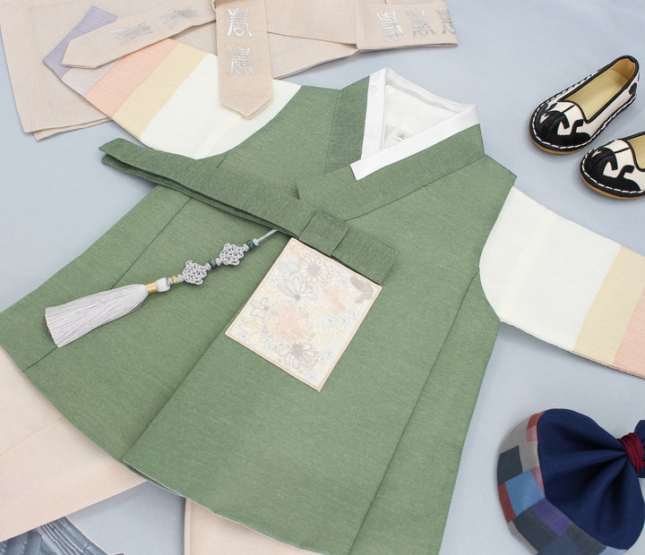 Korean Traditional Boy Baby Hanbok Dol Baikil Party Celebration 100th Days 1-10 Years Khaki DDB121