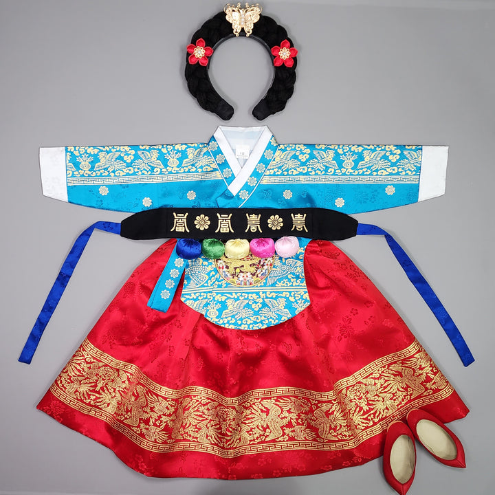 Hanbok Girl Baby Korea Traditional Clothing Set First Birthday Celebration Party Celebration 1–10 Years Blue Red Skirt Gold Print HG131