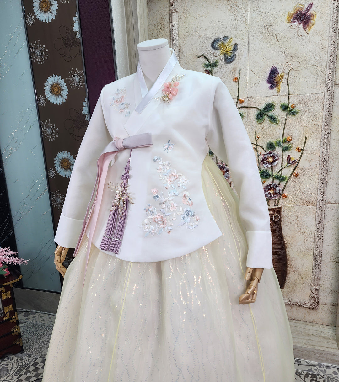 Korean Traditional Woman Personal Custom Hanbok Wedding Party Ceremony Ivory Embroidery Beads Skirt Hanbok 318