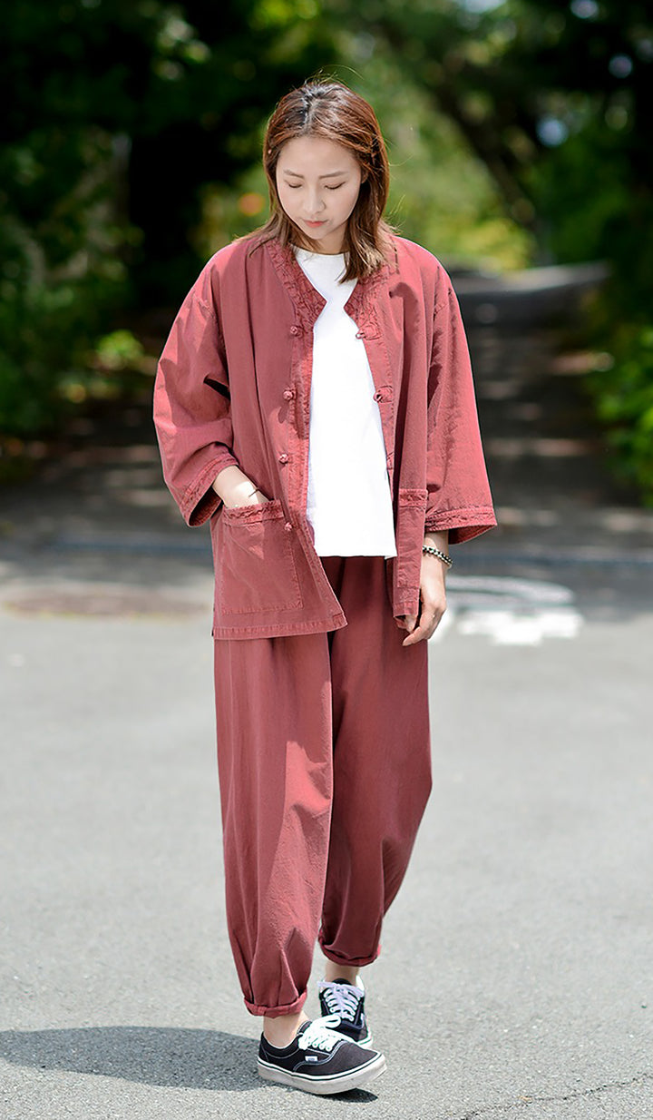 Korean Hanbok Washed Cotton Common Use Man Woman Casual Daily Clothing 3/4 Sleeve BTS 10097 Wine