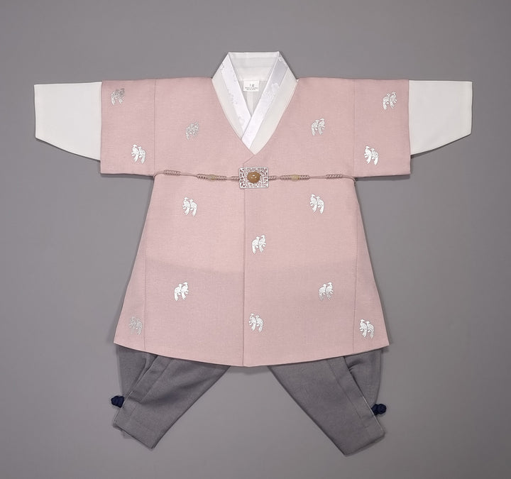 Korean Traditional Boy Baby Hanbok Dol Baikil Party Celebration 100th-10 Ages Pink Bird Silver Print HGB114