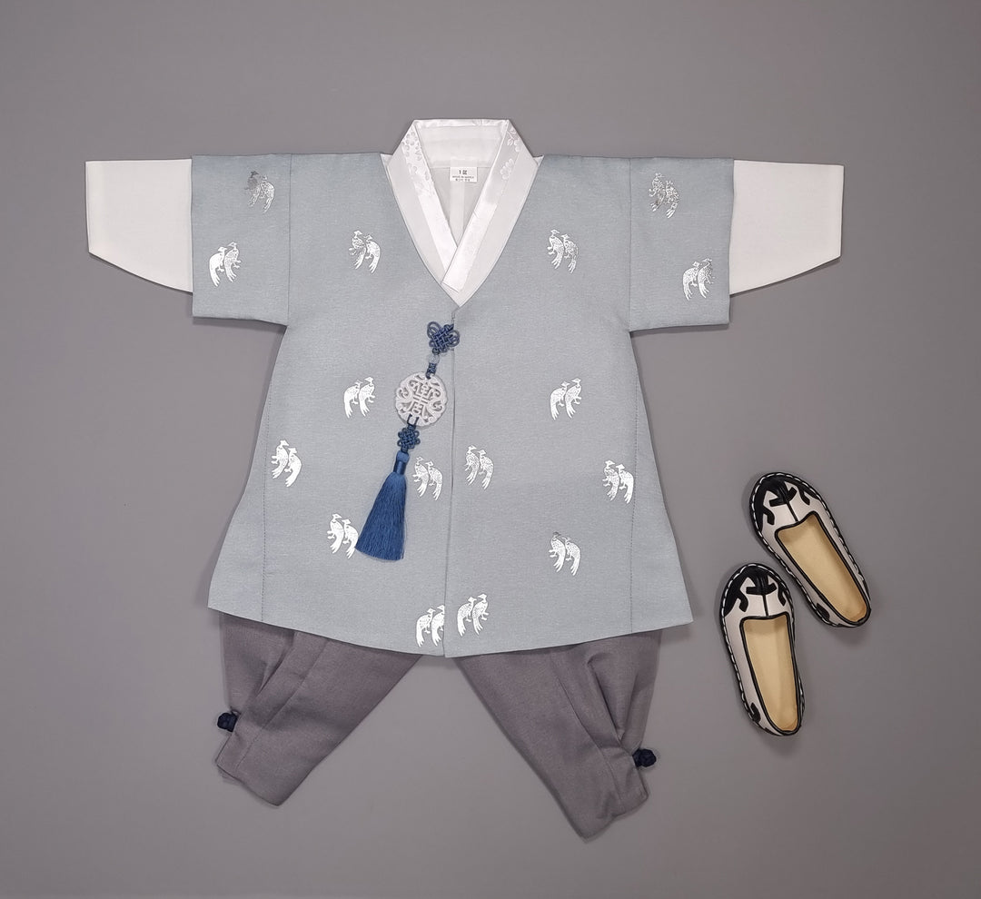 Korean Traditional Boy Baby Hanbok Dol Baikil Party Celebration 100th-10 Ages Blue Bird Silver Print HGB115