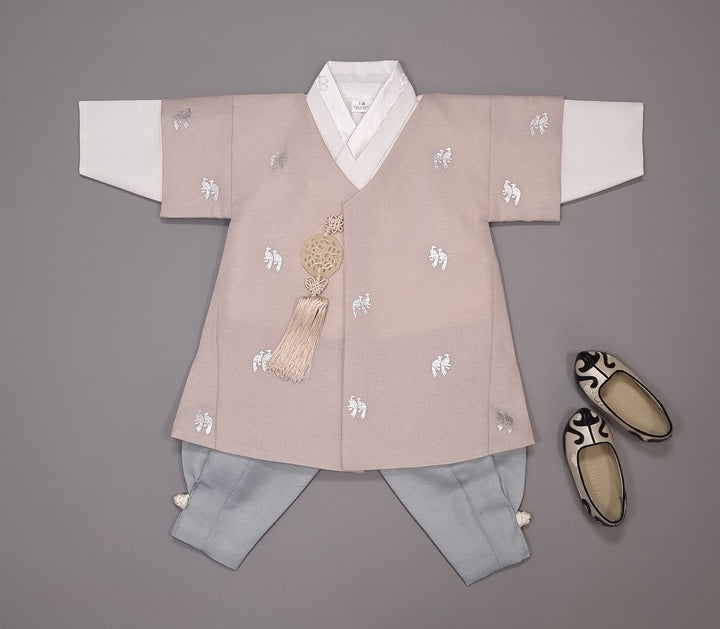 Korean Traditional Boy Baby Hanbok Dol Baikil Party Celebration 100th-10 Ages Beige Bird Silver Print HGB113