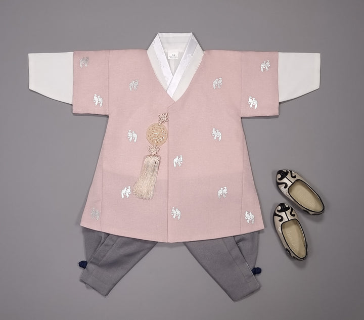 Korean Traditional Boy Baby Hanbok Dol Baikil Party Celebration 100th-10 Ages Pink Bird Silver Print HGB114