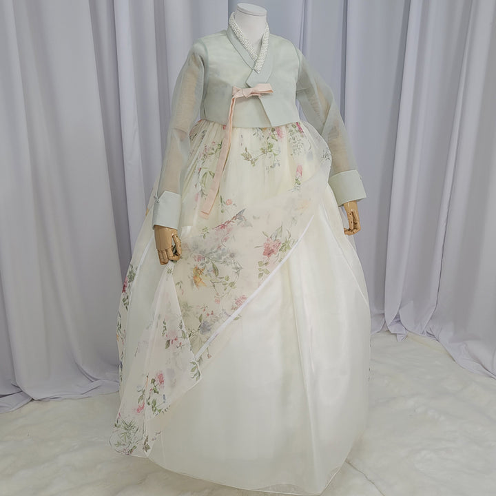 Woman Hanbok Dress Korea Traditional clothes Set Wedding Ceremony Birthday Custom-Made Mint See-through OSW902