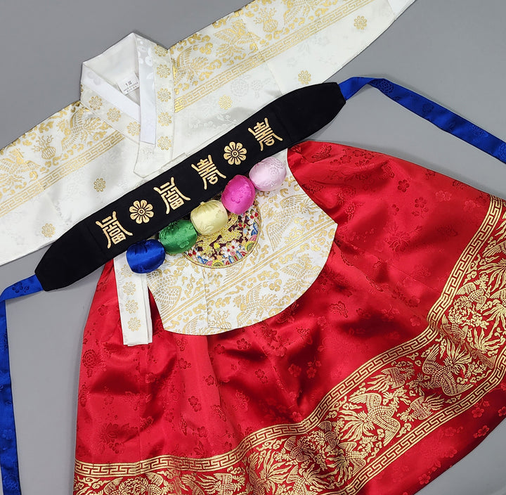 Hanbok Girl Baby Korea Traditional Clothing Set First Birthday Celebration Party Celebration 1–10 Years White Red Skirt Gold Print HG132