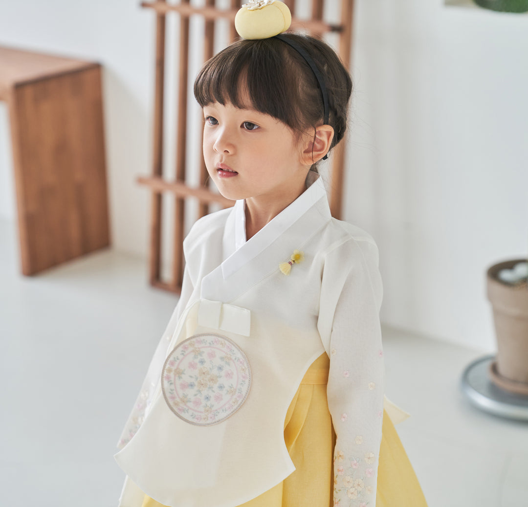 Hanbok Girl Baby Korea Traditional Clothing Set First Birthday Celebration Party 100th Birth Celebration 1-10 years Ivory Yellow