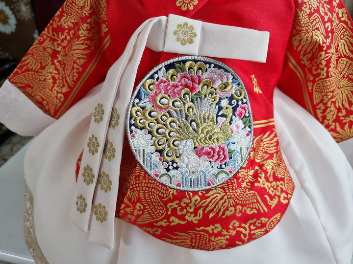 Hanbok Dress Girl Baby Korea Traditional Clothing Set First Birthday Celebration Party Celebration 1–8 Years Red Fancy Gold Print OS207