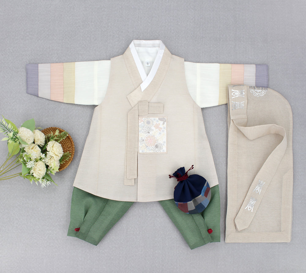 Korean Traditional Boy Baby Hanbok Dol Baikil Party Celebration 100th Days 1-10 Years Beige Khaki DDB117