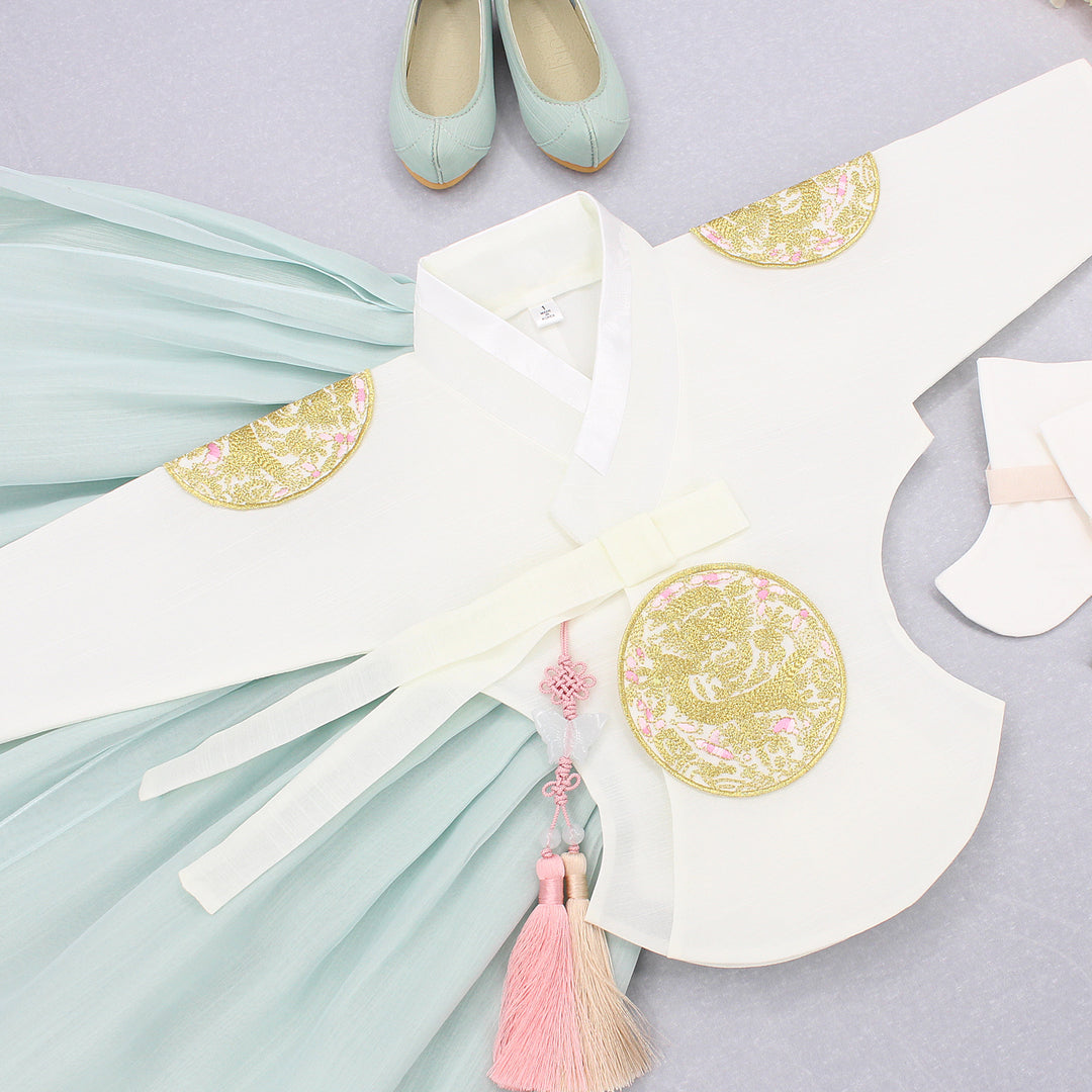 Hanbok Girl Baby Korea Traditional Clothing Set First Birthday Celebration Party 1–6 years 100th days Ivory Mint Gold Patch DGH116
