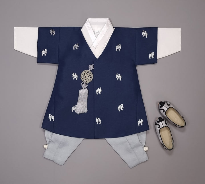 Korean Traditional Boy Baby Hanbok Dol Baikil Party Celebration 100th-10 Ages ㅠBird Silver Print HGB112