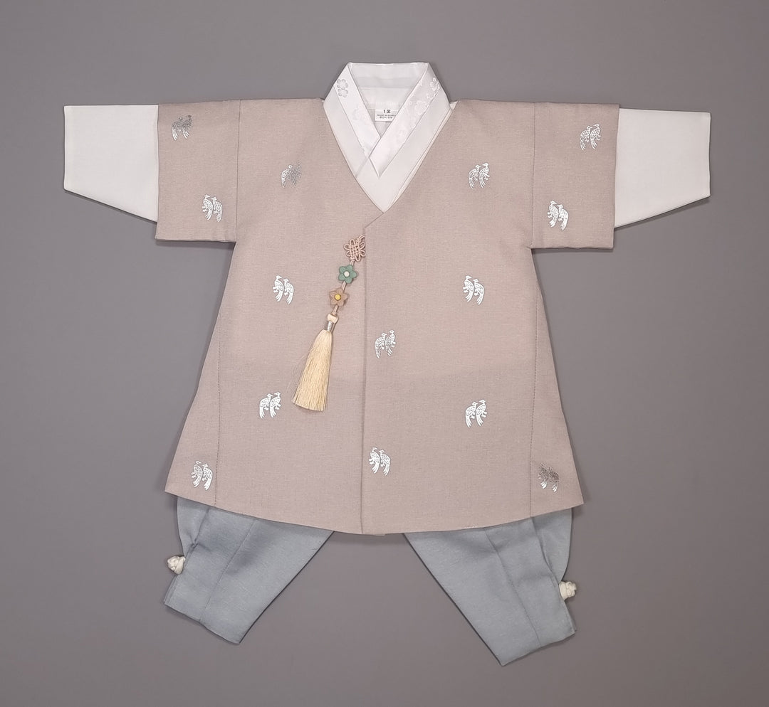Korean Traditional Boy Baby Hanbok Dol Baikil Party Celebration 100th-10 Ages Beige Bird Silver Print HGB113