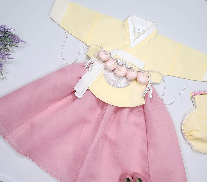 Hanbok Girl Baby Korea Traditional Clothing Set First Birthday Celebration Party 100th Birth Celebration 1–15 years Yellow HG359