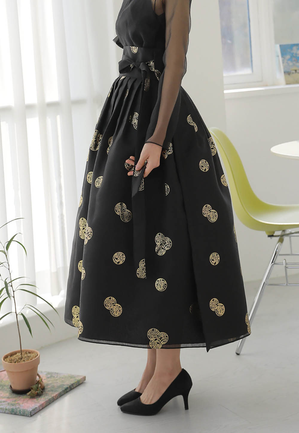 Korean Modern Daily Hanbok Skirt Black Gold Print Casual Modernized Party Celebration SSN010