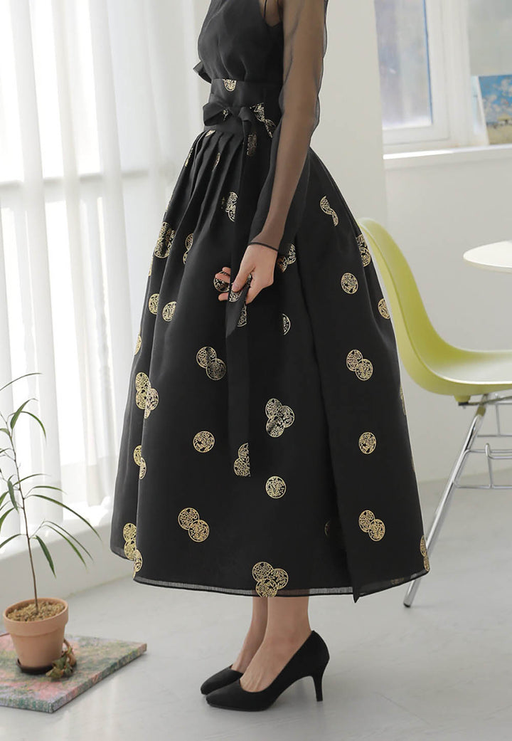 Korean Modern Daily Hanbok Skirt Black Gold Print Casual Modernized Party Celebration SSN010